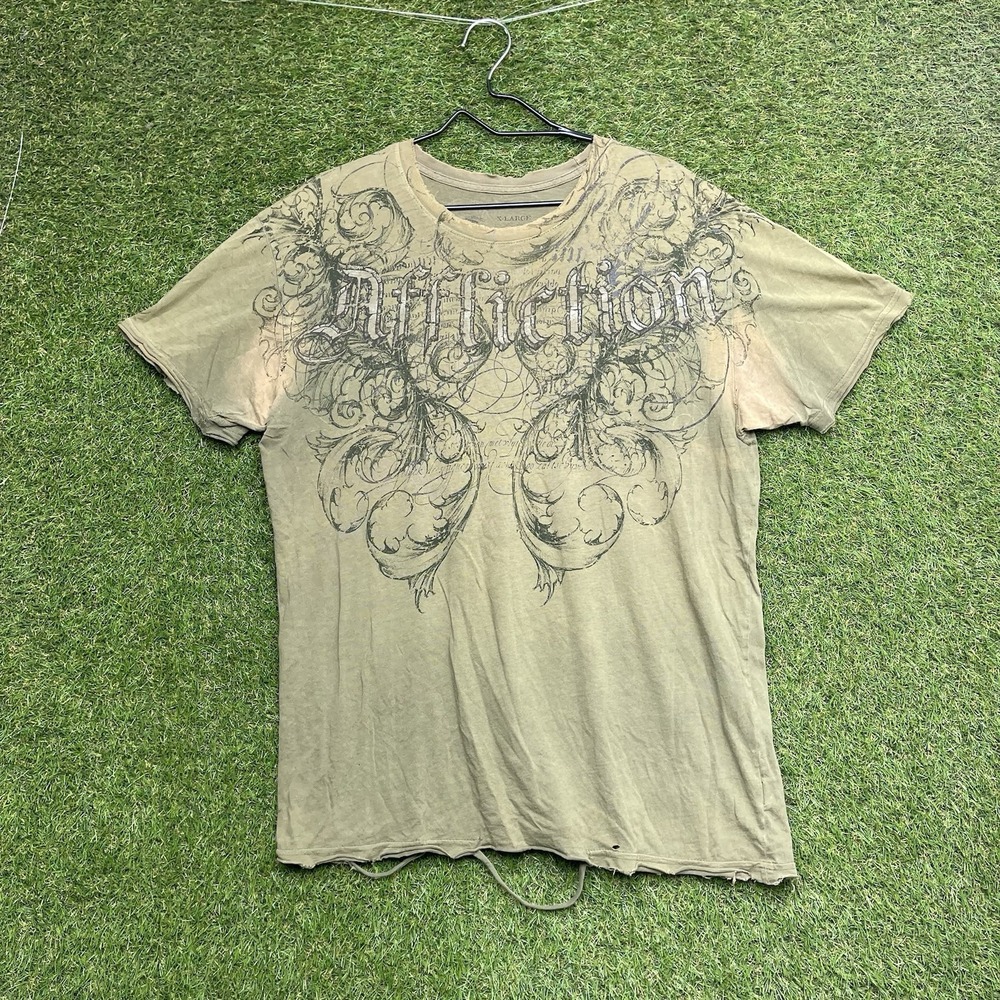 Affliction Shirt Mens XL Wings Angel Graphic Double Sided Distressed Olive Green